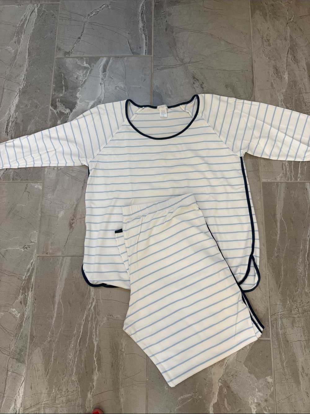 LAKE women’s  White & Light Blue Striped Pajama Set with Navy Trim-